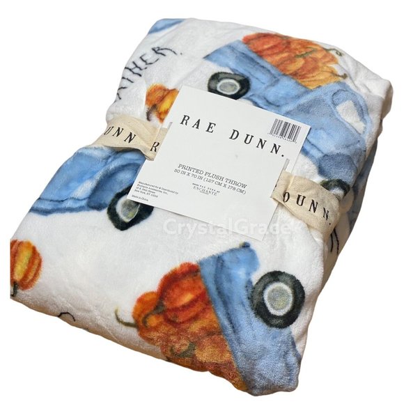 Rae Dunn Other - Rae Dunn Fall Plush Throw Blanket GATHER blue Trucks Pumpkins 50” x 70” NWT Farm